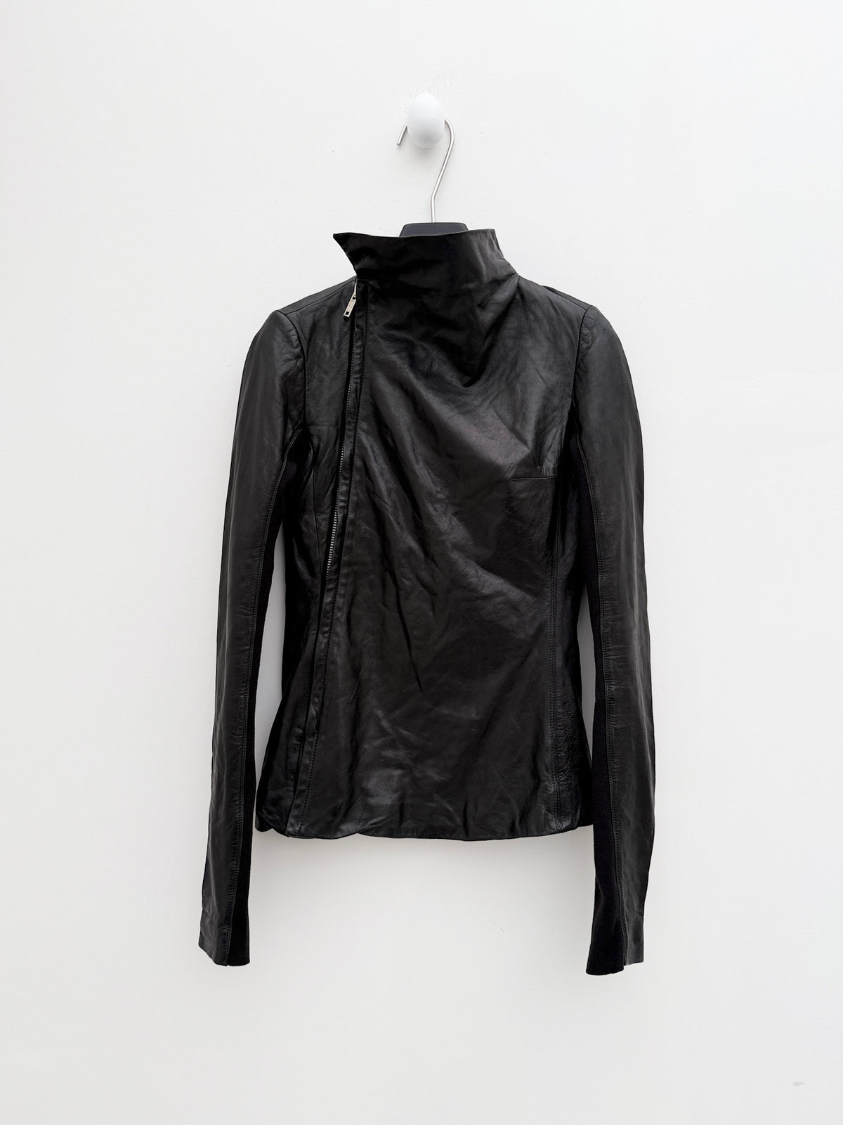 Rick Owens Asymmetric Funnel-Neck Lamb Leather Jacket