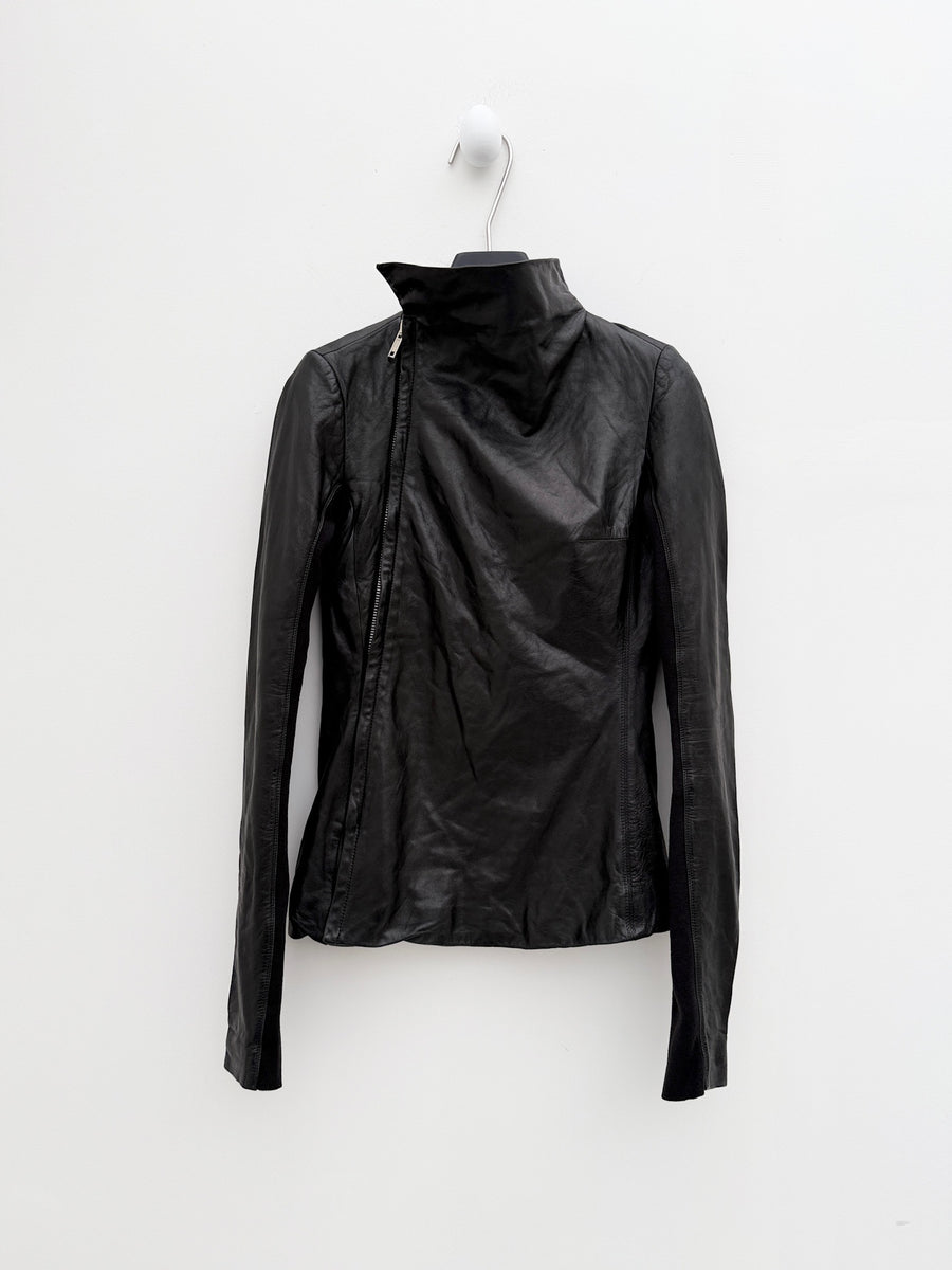Rick Owens Asymmetric Funnel-Neck Lamb Leather Jacket