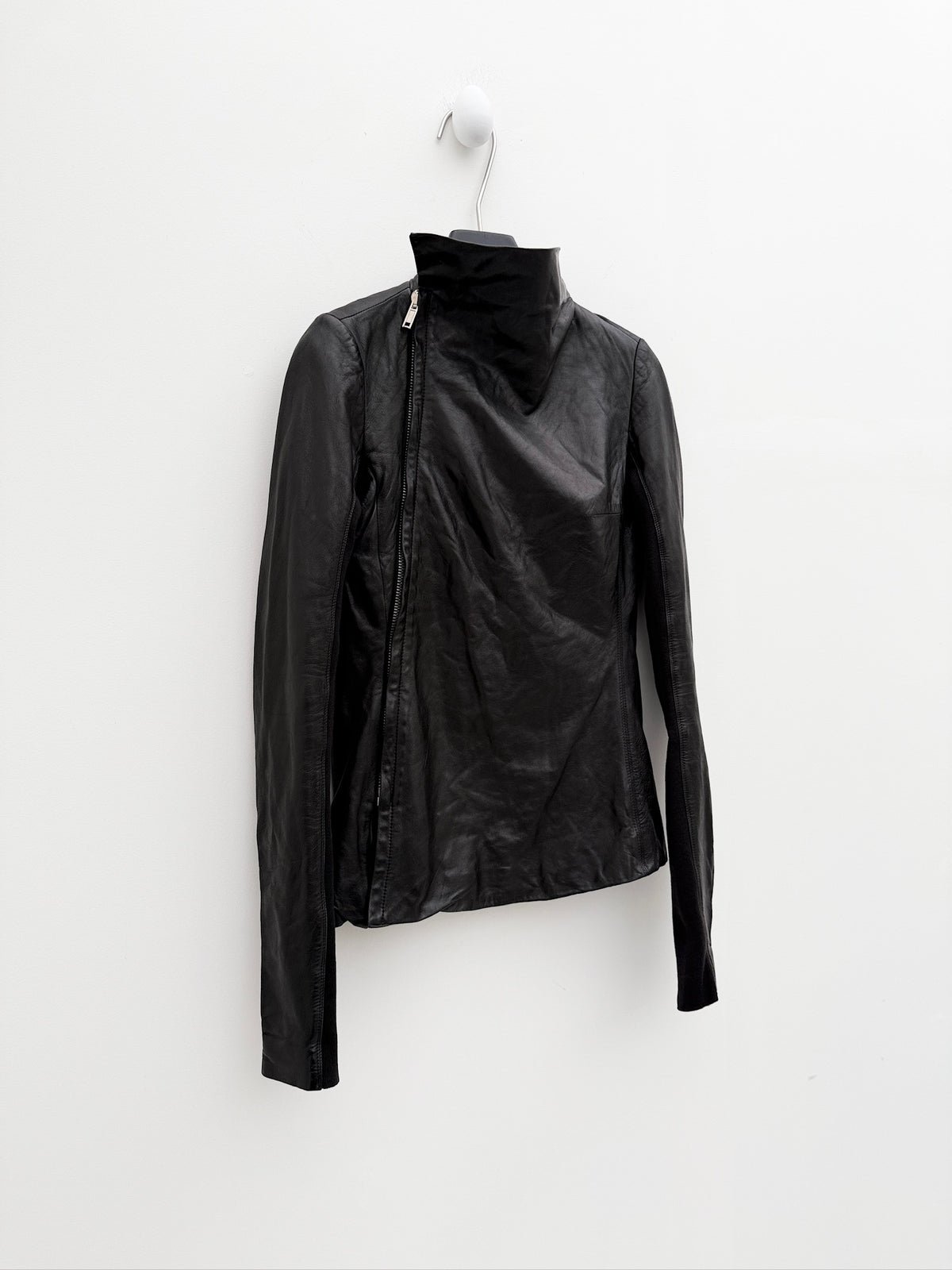 Rick Owens Asymmetric Funnel-Neck Lamb Leather Jacket